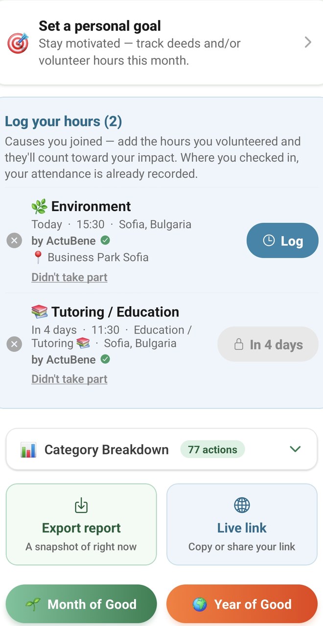 Logging volunteer hours against joined causes, and exporting an Impact Report