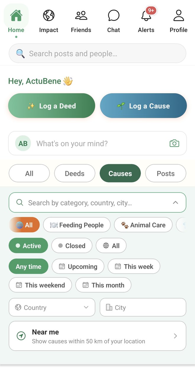 Browsing causes in the ActuBene app, filtered by category, date and location